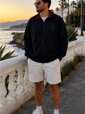 Ralph Lauren Black Zip Jacket with Red Stripe Trim